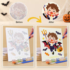 Before and after of a Candy Corn Chibis mini paint by numbers canvas