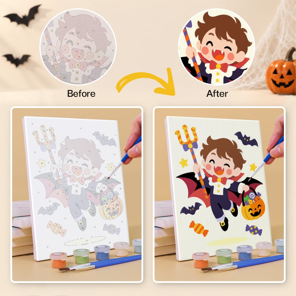 Before and after of a Candy Corn Chibis mini paint by numbers canvas
