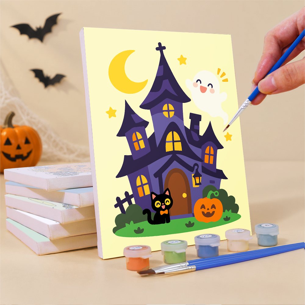 Painting a Candy Corn Chibis mini canvas propped up beside numbered acrylic paints