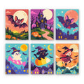 Candy Sky Halloween mini paint by numbers set: six candy-colored Halloween skies with bats, a haunted house, a ghost, a black cat and a flying witch