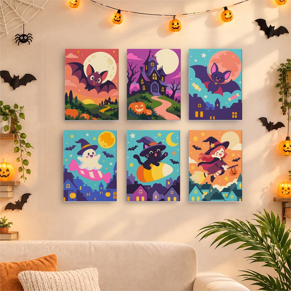 Six finished Candy Sky Halloween mini paintings hung on a wall above a table