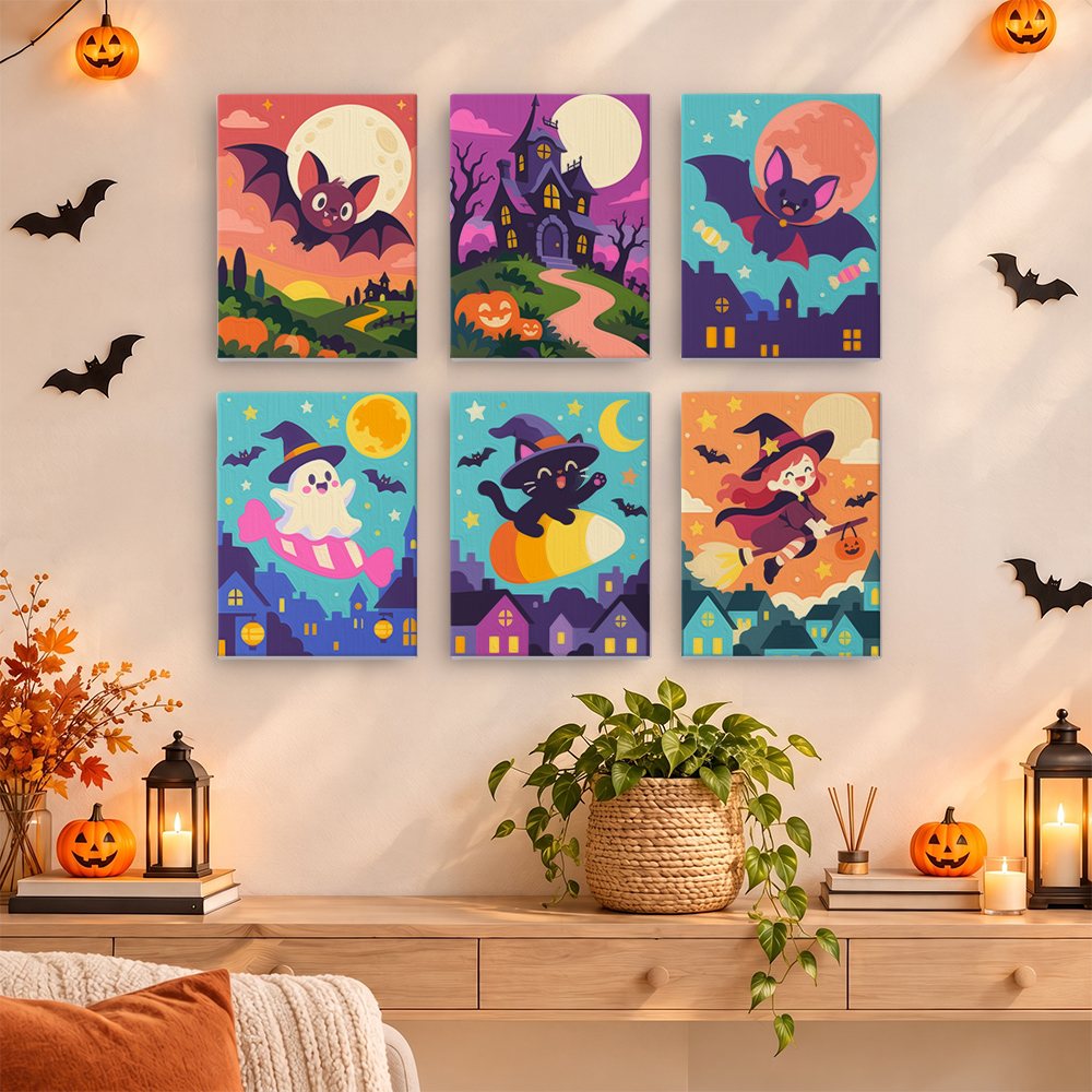 Candy Sky Halloween mini paintings displayed as a gallery wall in a sunny kitchen