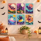 Candy Sky Halloween mini paintings displayed as a gallery wall in a sunny kitchen