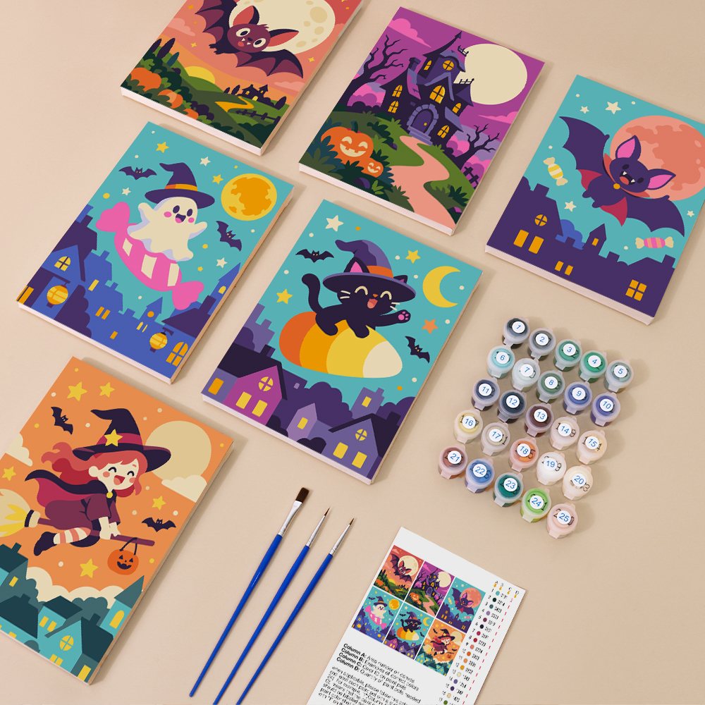 Candy Sky Halloween mini paint by numbers kit with six numbered canvases, acrylic paints, brushes and layout