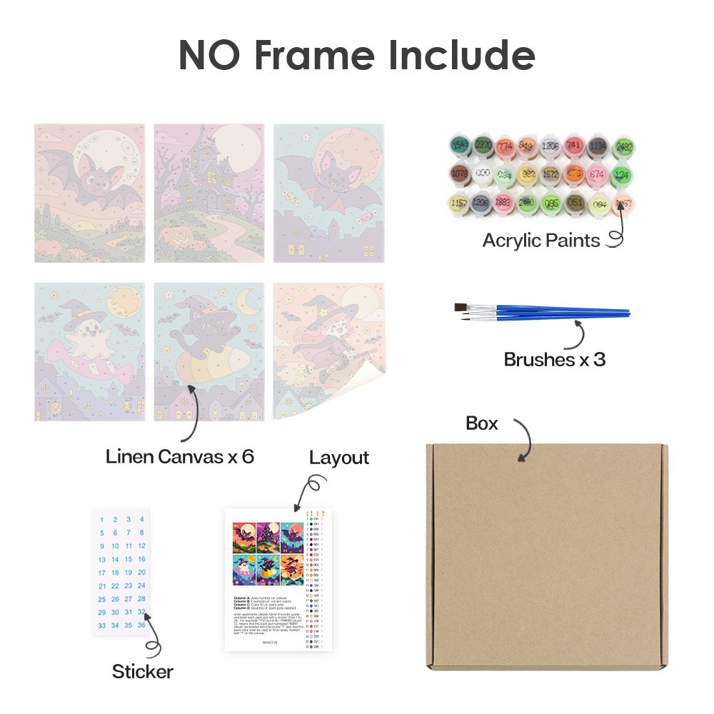 What's included without a frame: six rolled Candy Sky Halloween mini canvases, acrylic paints, three brushes and layout