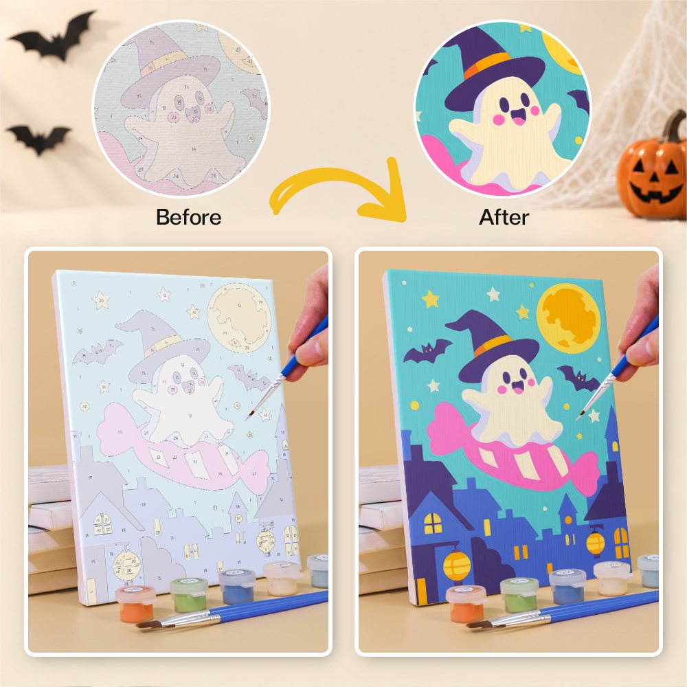 Before and after of a Candy Sky Halloween mini paint by numbers canvas