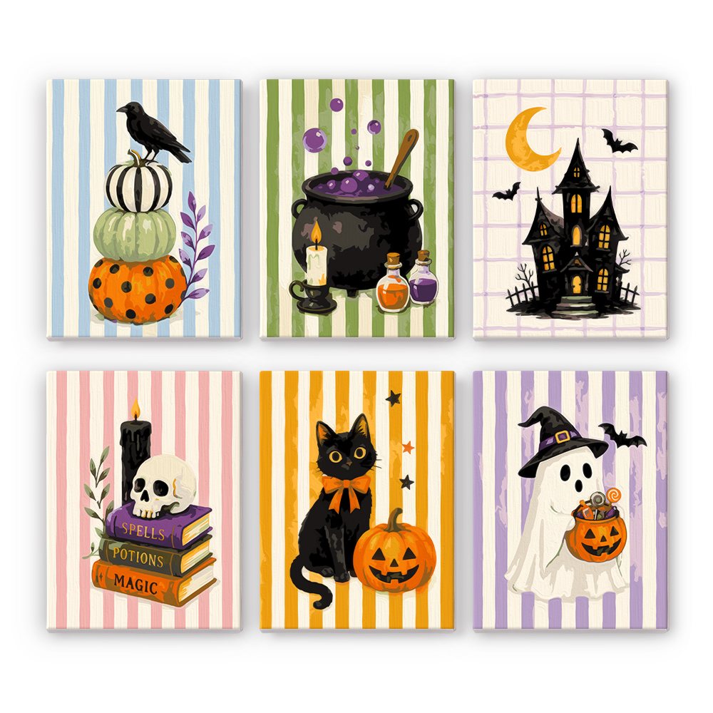 Candy Stripe Spooks mini paint by numbers set: six witchy designs on striped backgrounds with pumpkins, a cauldron, a haunted house, spellbooks, a cat and a ghost