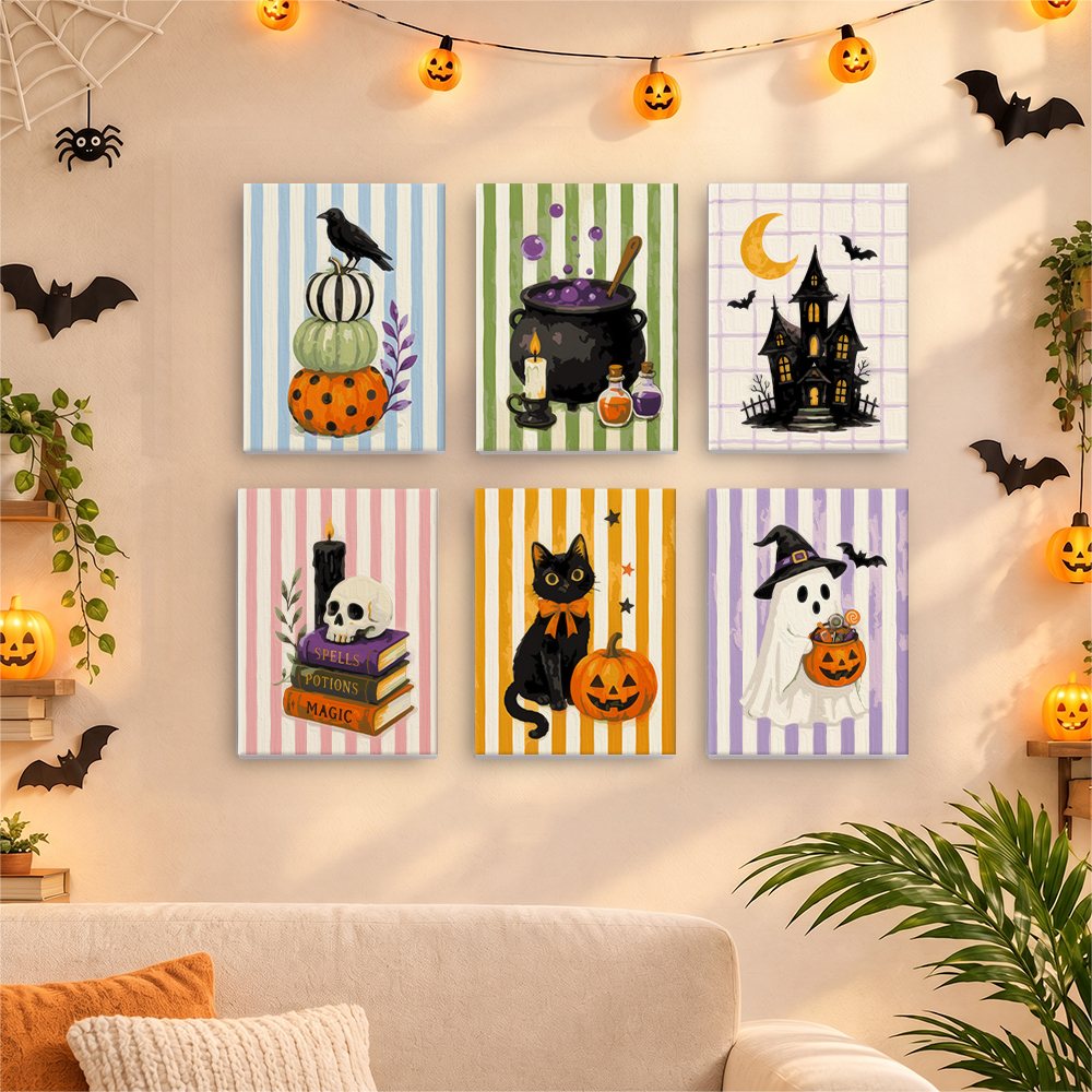 Six finished Candy Stripe Spooks mini paintings hung on a wall above a table