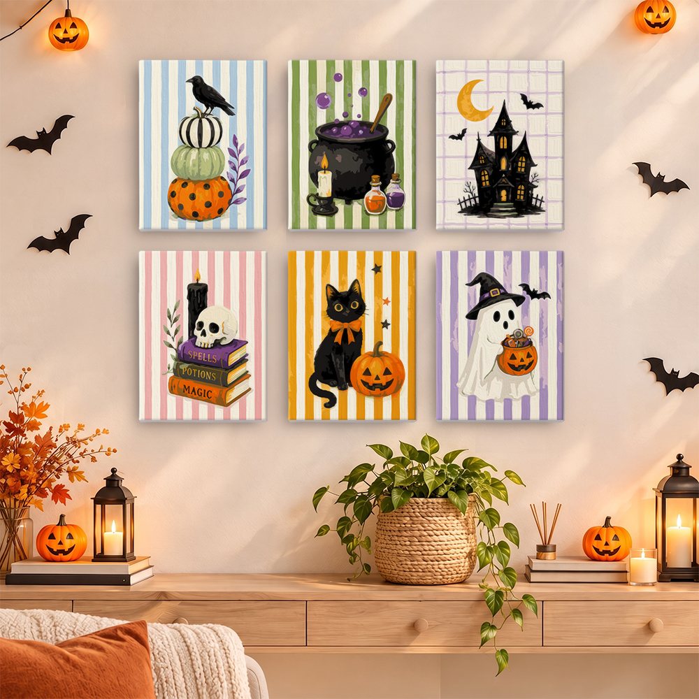 Candy Stripe Spooks mini paintings displayed as a gallery wall in a sunny kitchen