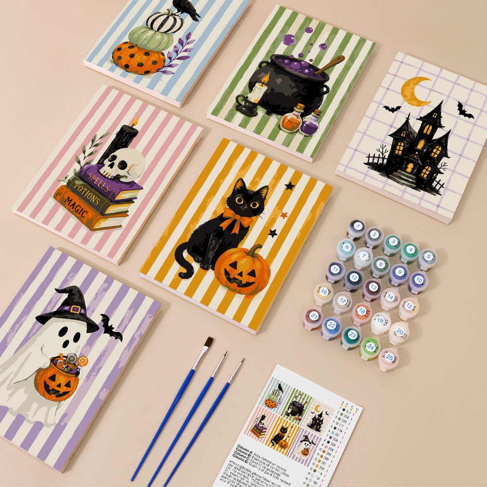 Candy Stripe Spooks mini paint by numbers kit with six numbered canvases, acrylic paints, brushes and layout