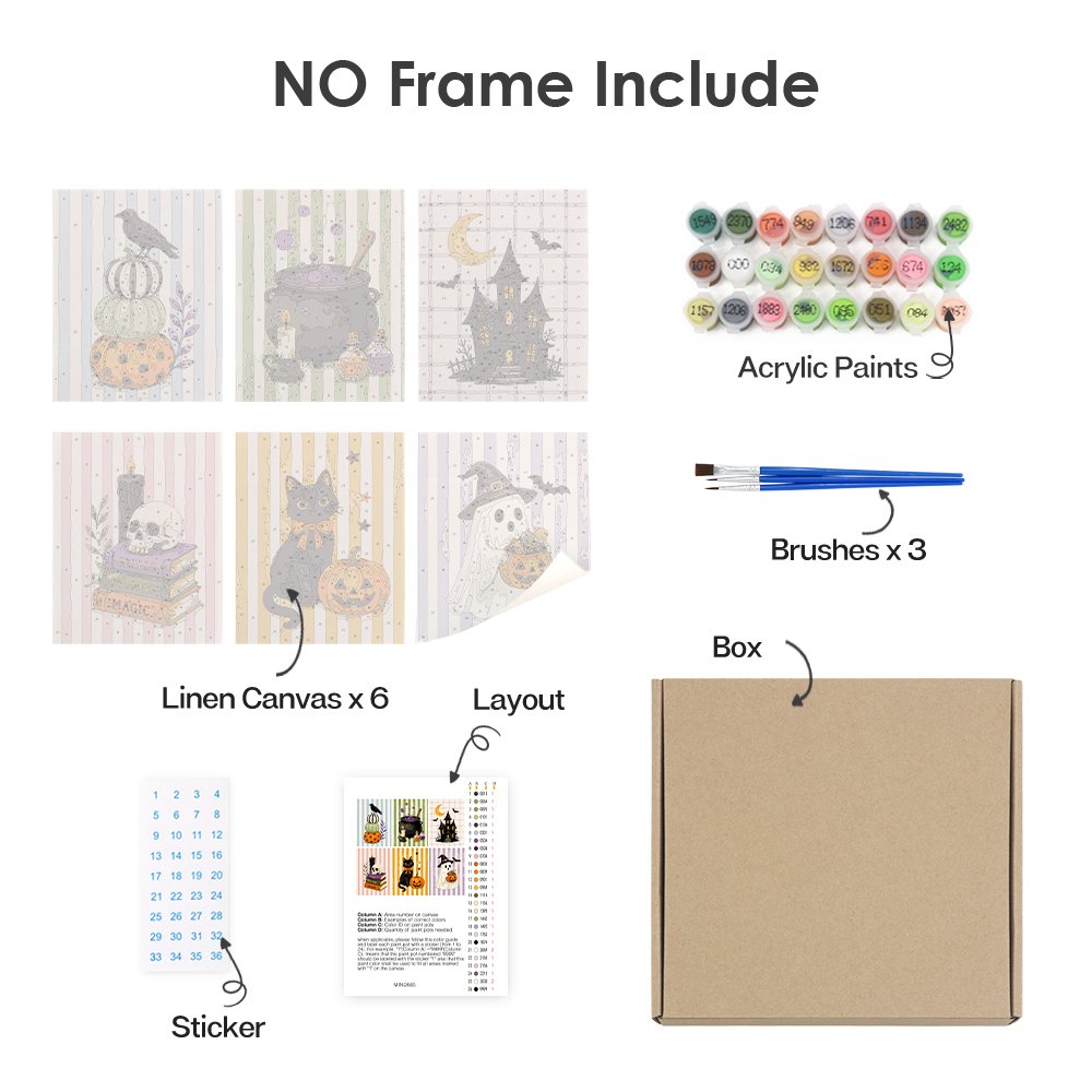 What's included without a frame: six rolled Candy Stripe Spooks mini canvases, acrylic paints, three brushes and layout