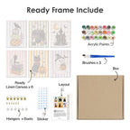 What's included pre-stretched on frame: six framed Candy Stripe Spooks mini canvases, paints, three brushes, hangers and layout