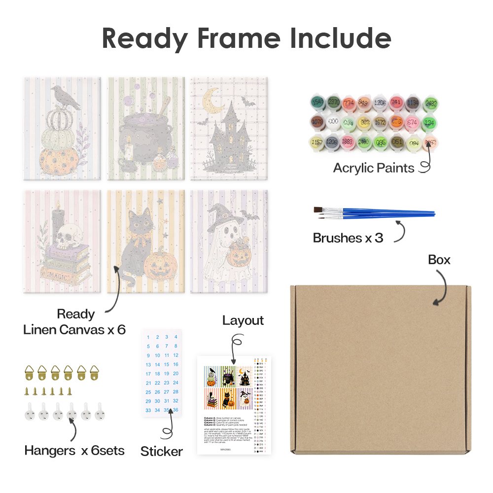 What's included pre-stretched on frame: six framed Candy Stripe Spooks mini canvases, paints, three brushes, hangers and layout
