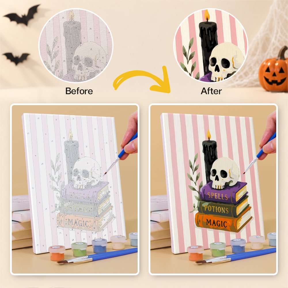 Before and after of a Candy Stripe Spooks mini paint by numbers canvas