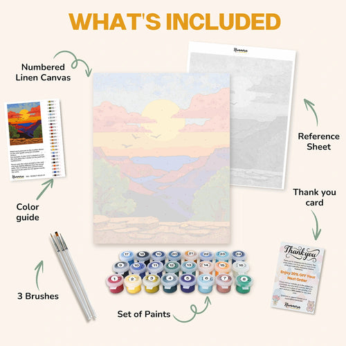 What's included in the Canyon Majesty paint by numbers kit: numbered linen canvas, reference sheet, color guide, 24 acrylic paints, 3 brushes and thank you card