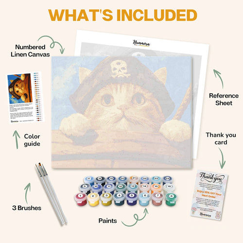 What's included in the Captain Cat Sparrow paint by numbers kit: numbered linen canvas, reference sheet, color guide, 24 acrylic paints, 3 brushes and thank you card