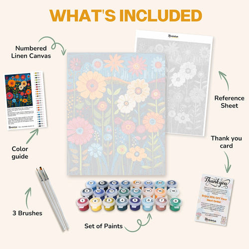 What's included in the Carnival of Wild Blooms paint by numbers kit: numbered linen canvas, reference sheet, color guide, 24 acrylic paints, 3 brushes and thank you card