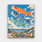 Carp Streamers in the Wind paint by numbers kit of colorful carp streamers flying above village rooftops in Japanese woodblock style