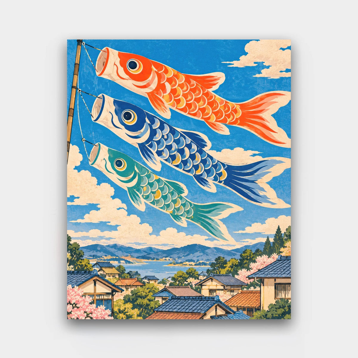 Carp Streamers in the Wind paint by numbers kit of colorful carp streamers flying above village rooftops in Japanese woodblock style