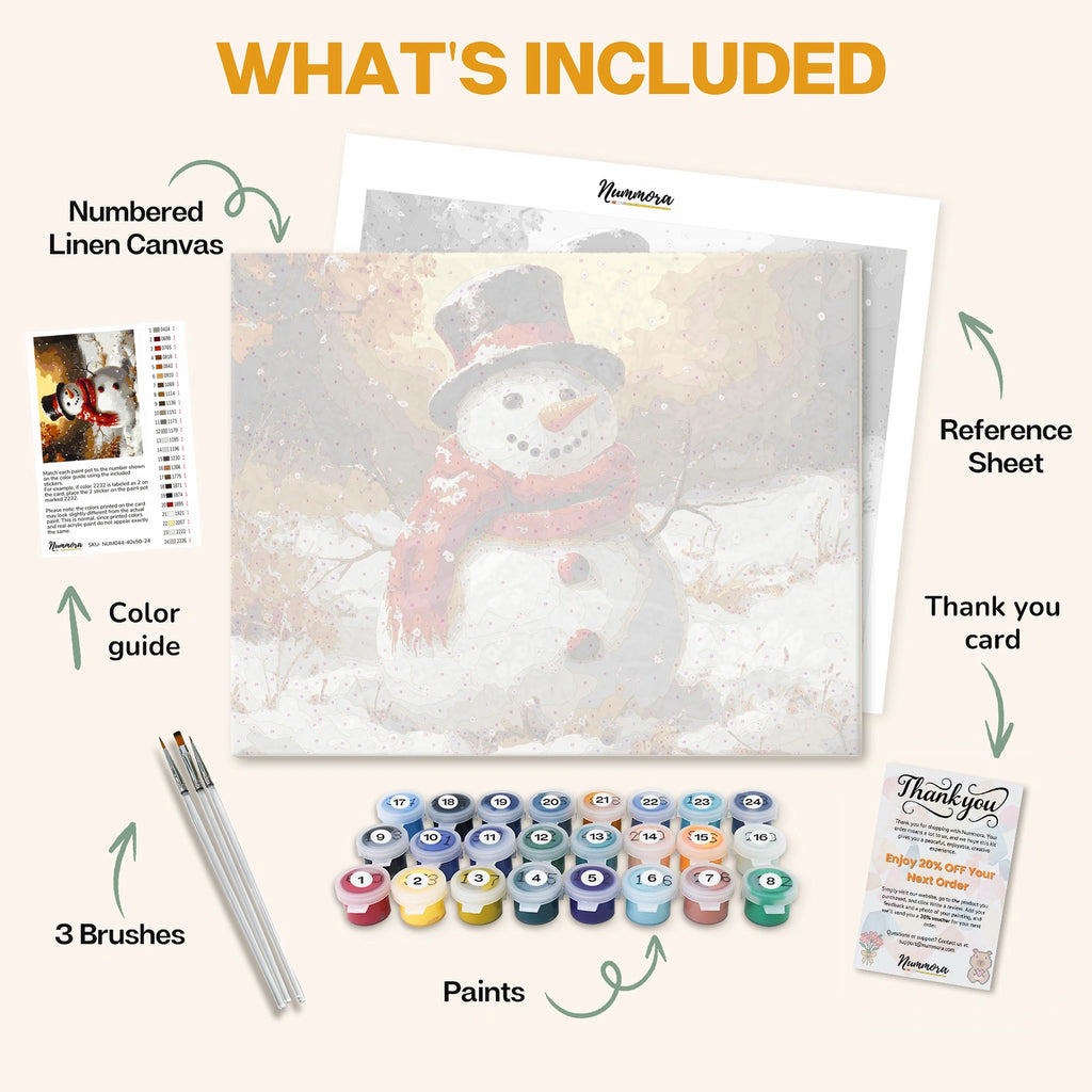 What's included in the Carrot Nose paint by numbers kit: numbered linen canvas, reference sheet, color guide, 24 acrylic paints, 3 brushes and thank you card