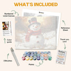 What's included in the Carrot Nose paint by numbers kit: numbered linen canvas, reference sheet, color guide, 24 acrylic paints, 3 brushes and thank you card