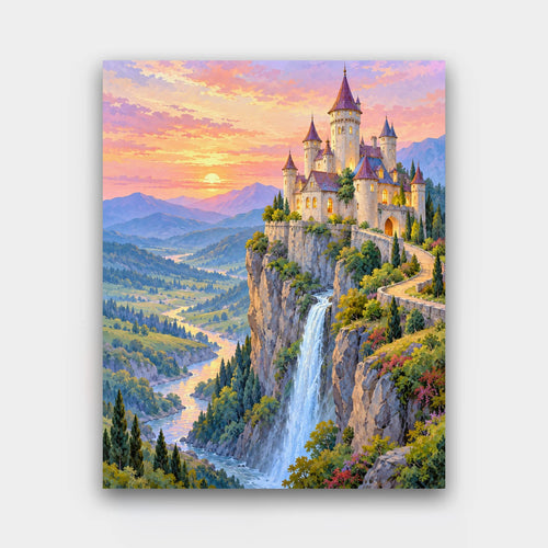 Castle Above the Falls paint by numbers kit of a fairy-tale castle on a cliff above a waterfall and winding river valley at dusk