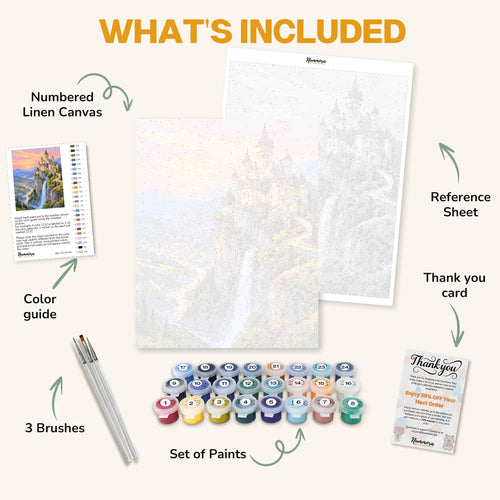 What's included in the Castle Above the Falls paint by numbers kit: numbered linen canvas, reference sheet, color guide, 24 acrylic paints, 3 brushes and thank you card