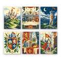 Castles & Knights mini paint by numbers set: six medieval designs of a castle, joust, tower, coat of arms, feast and knight