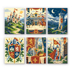 Castles & Knights mini paint by numbers set: six medieval designs of a castle, joust, tower, coat of arms, feast and knight