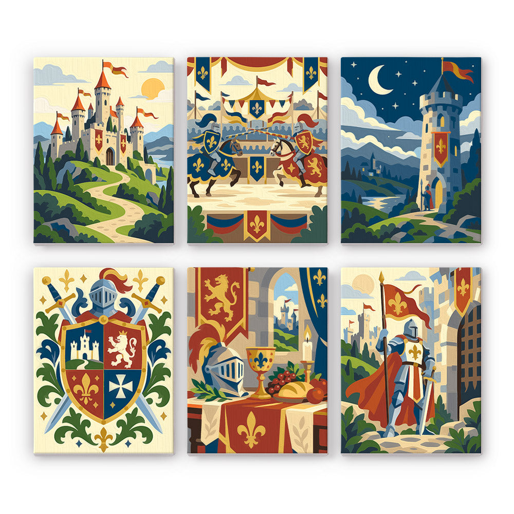 Castles & Knights mini paint by numbers set: six medieval designs of a castle, joust, tower, coat of arms, feast and knight