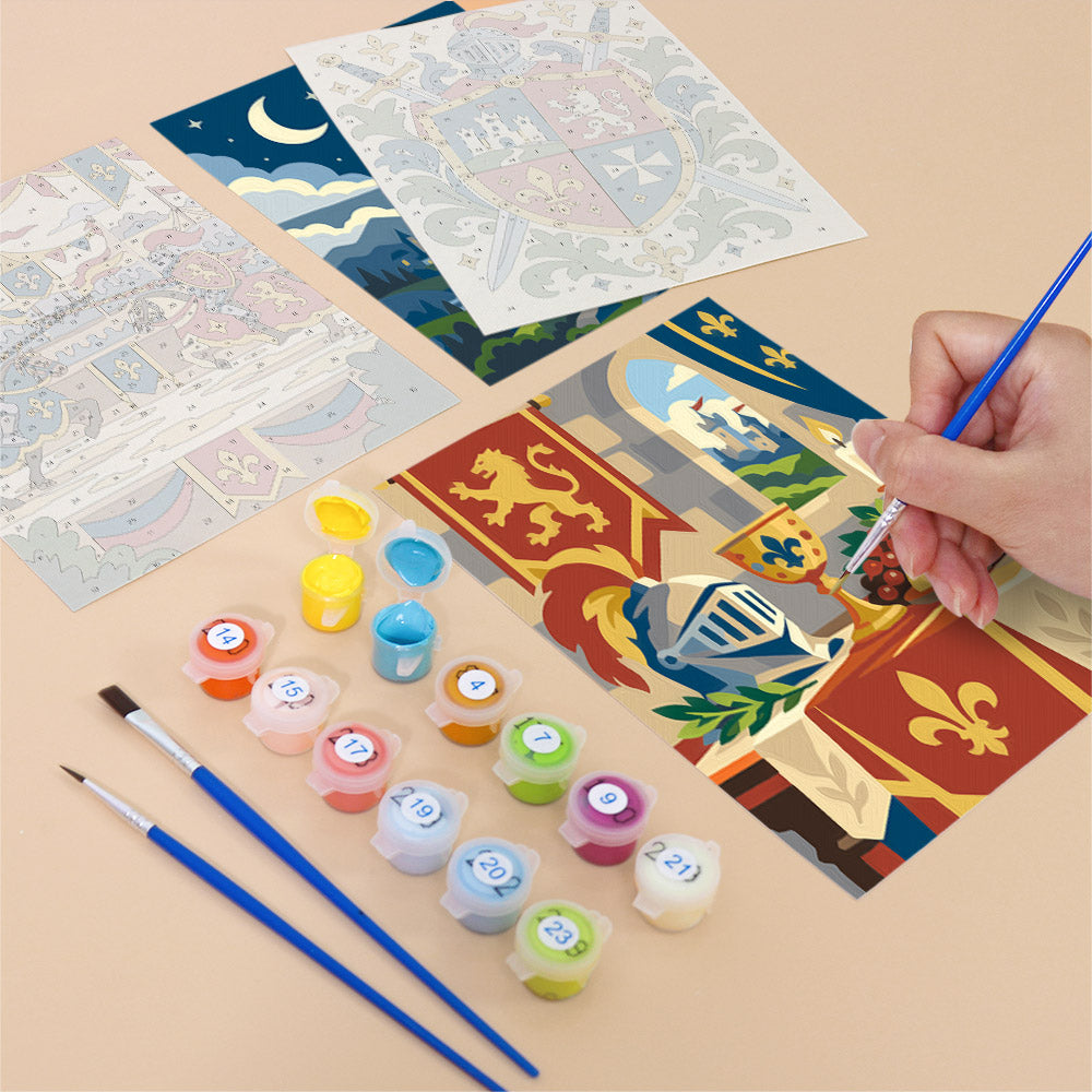 Filling in a Castles & Knights mini canvas with numbered acrylic paints and a fine brush