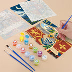 Filling in a Castles & Knights mini canvas with numbered acrylic paints and a fine brush