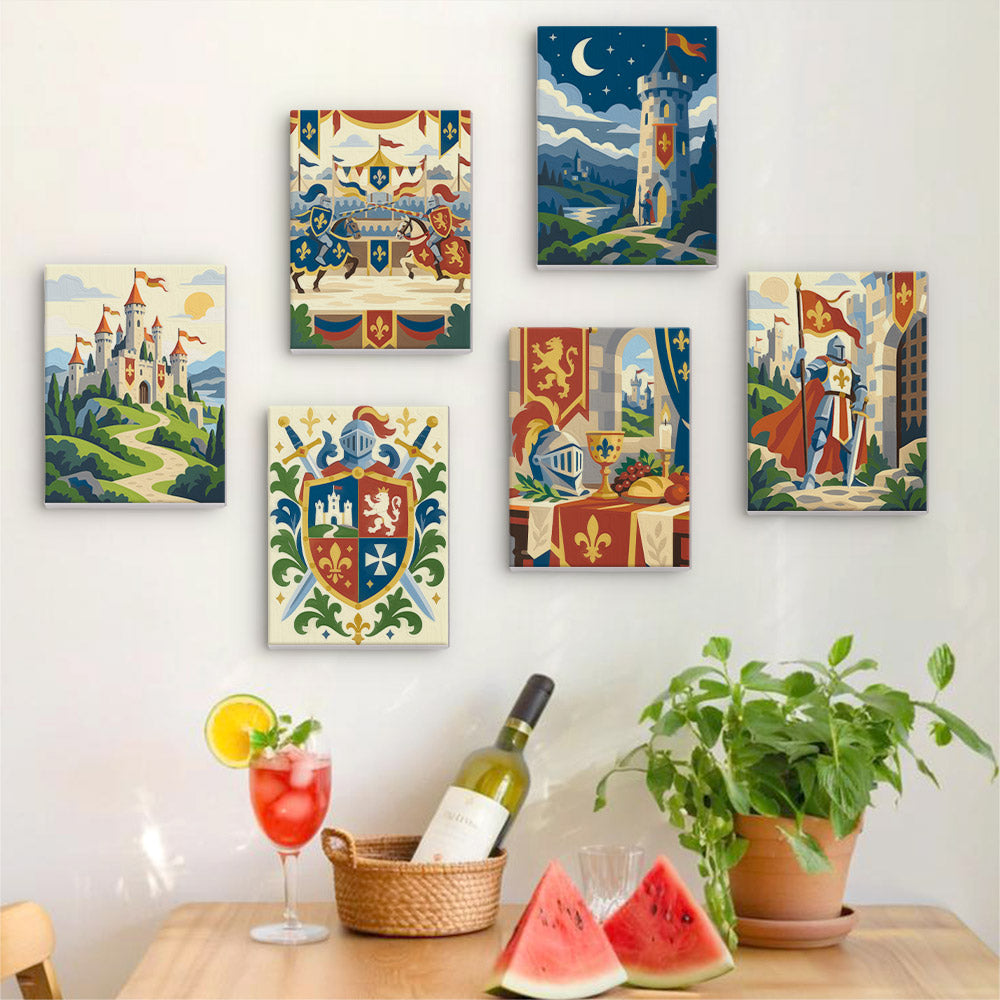 Six finished Castles & Knights mini paintings hung on a wall above a table