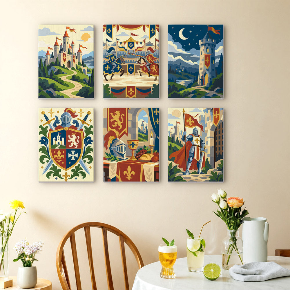 Castles & Knights mini paintings displayed as a gallery wall in a sunny kitchen