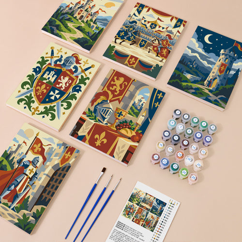 Castles & Knights mini paint by numbers kit with six numbered canvases, acrylic paints, brushes and layout