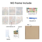 What's included without a frame: six rolled Castles & Knights mini canvases, acrylic paints, three brushes and layout