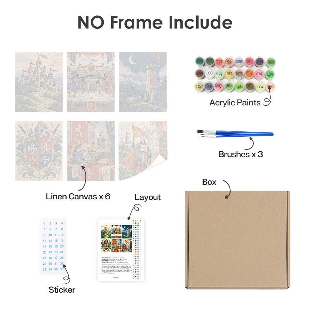 What's included without a frame: six rolled Castles & Knights mini canvases, acrylic paints, three brushes and layout