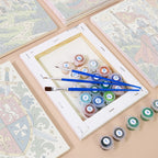Numbered paint pots and brushes on a pre-stretched Castles & Knights mini canvas