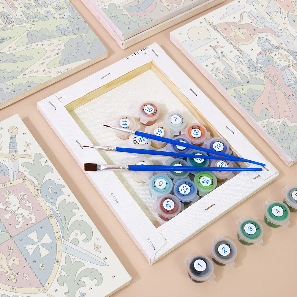 Numbered paint pots and brushes on a pre-stretched Castles & Knights mini canvas