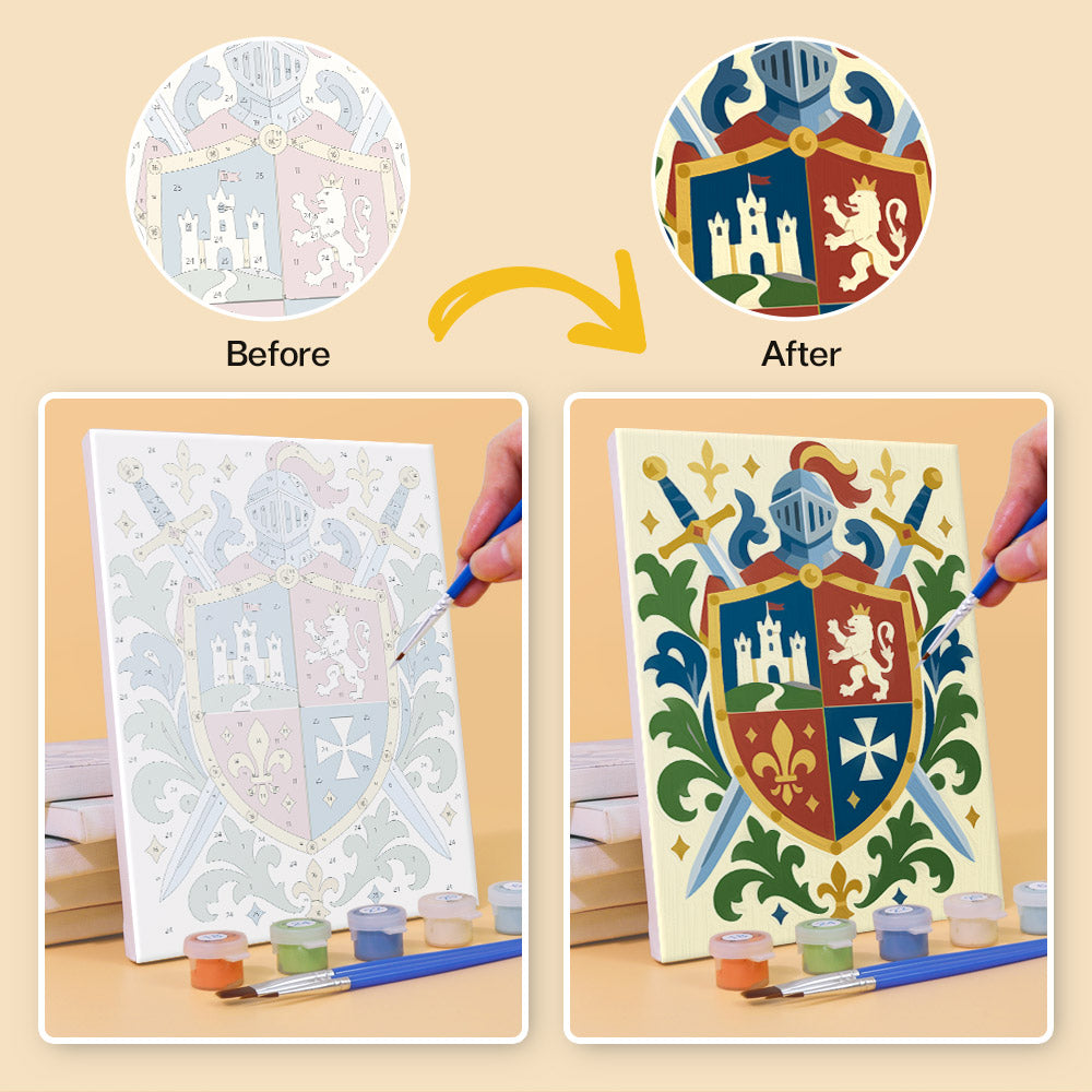 Before and after of a Castles & Knights mini paint by numbers canvas