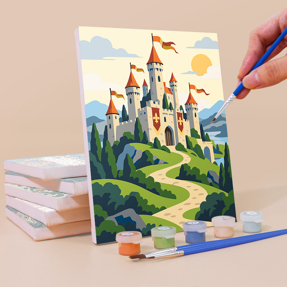 Painting a Castles & Knights mini canvas propped up beside numbered acrylic paints
