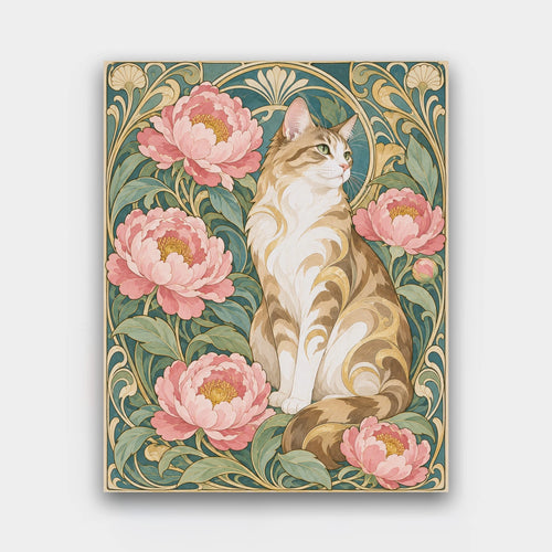Cat Among Peonies paint by numbers kit of an Art Nouveau cat sitting among pink peonies with flowing lines and a gold border