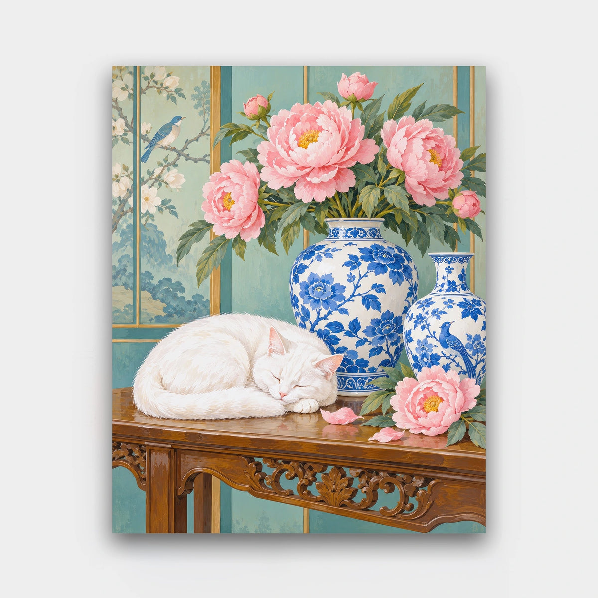 Cat and Porcelain paint by numbers kit of a white cat curled beside blue-and-white porcelain vases and pink peonies on a carved table