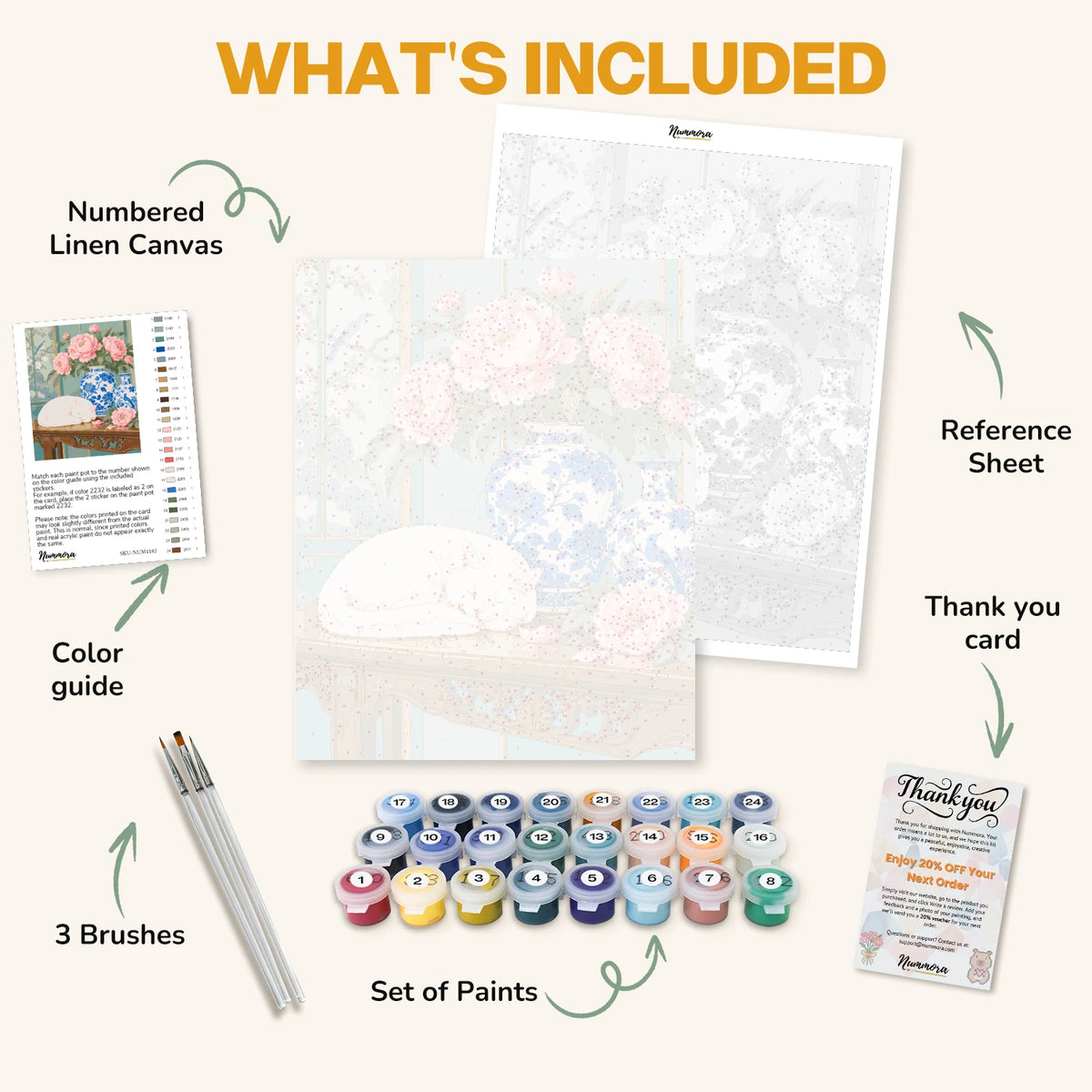 What's included in the Cat and Porcelain paint by numbers kit: numbered linen canvas, reference sheet, color guide, 24 acrylic paints, 3 brushes and thank you card