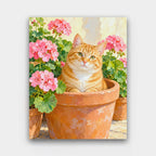 Cat in the Geraniums paint by numbers kit of a ginger tabby cat sitting inside a terracotta pot surrounded by pink geraniums