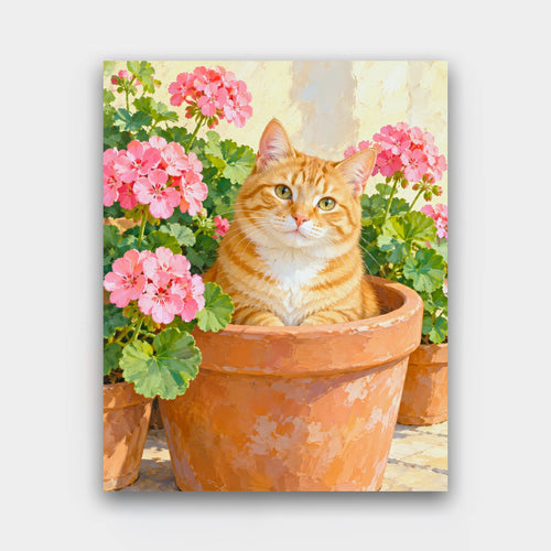 Cat in the Geraniums paint by numbers kit of a ginger tabby cat sitting inside a terracotta pot surrounded by pink geraniums