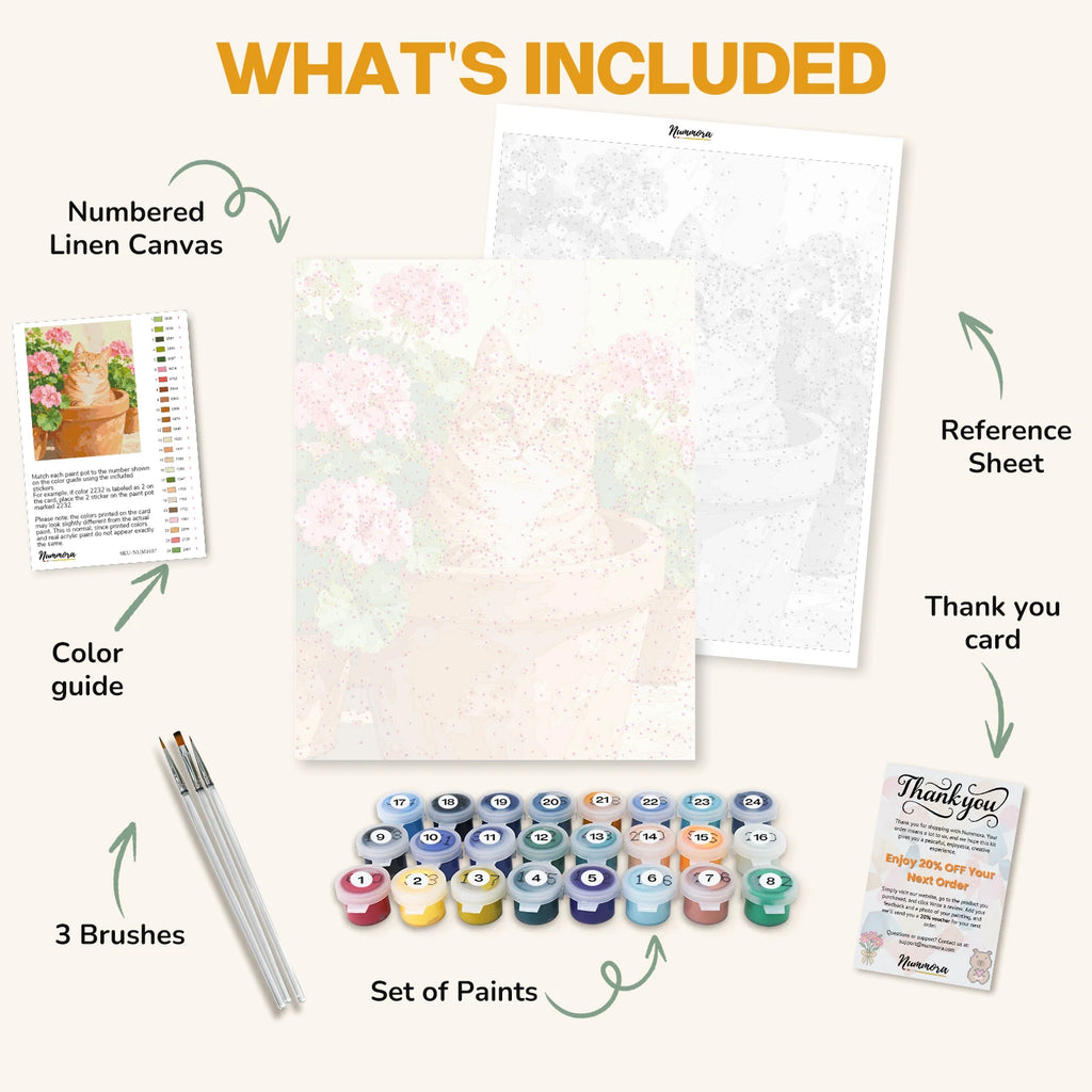 What's included in the Cat in the Geraniums paint by numbers kit: numbered linen canvas, reference sheet, color guide, 24 acrylic paints, 3 brushes and thank you card