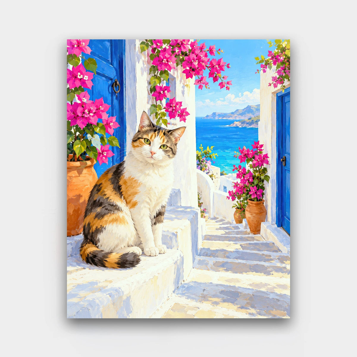 Cat on the Island Steps paint by numbers kit of a calico cat on whitewashed steps between blue doors and pink bougainvillea above the sea
