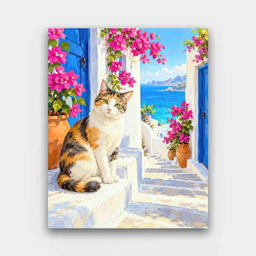 Cat on the Island Steps paint by numbers kit of a calico cat on whitewashed steps between blue doors and pink bougainvillea above the sea