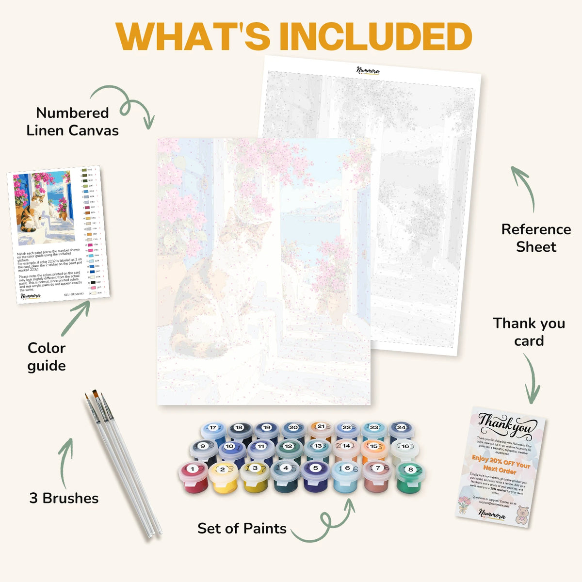 What's included in the Cat on the Island Steps paint by numbers kit: numbered linen canvas, reference sheet, color guide, 24 acrylic paints, 3 brushes and thank you card